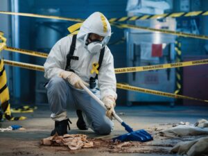 Biohazard Waste Disposal man in ppe cleaning